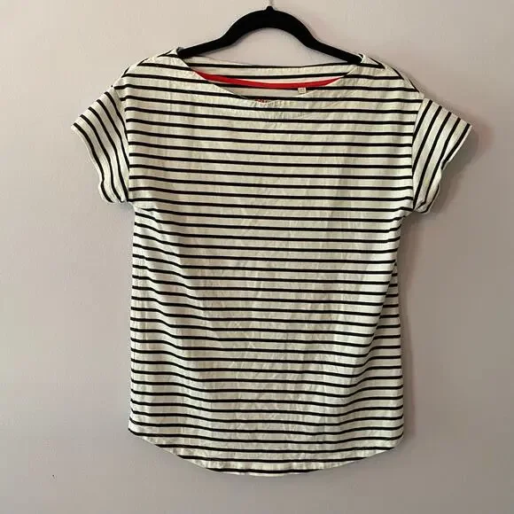 Boden Black White Stripe Boatneck Short Sleeve Shirt Cotton Blend Women's size 6 - Picture 2 of 9